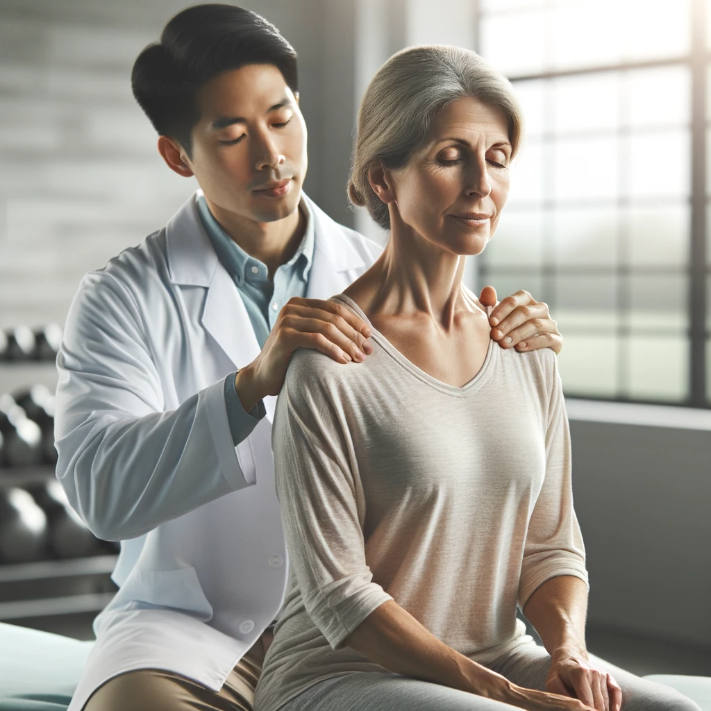 A serene physiotherapy session in a modern clinic, depicting a patient and a physiotherapist.